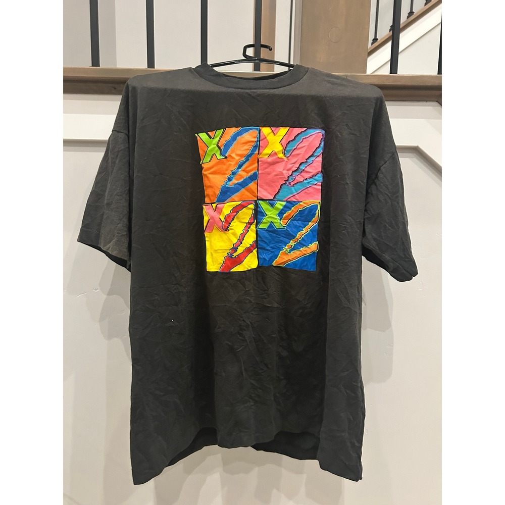 Vintage 90s Fruit of the Loom T Shirt Mens XL Black Neon Abstract Graphic Tee